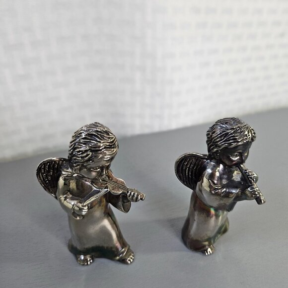 Vintage Angel Figurines Playing Violin & Flute SilverPlated Collectible Set Of 2 - Picture 4 of 5